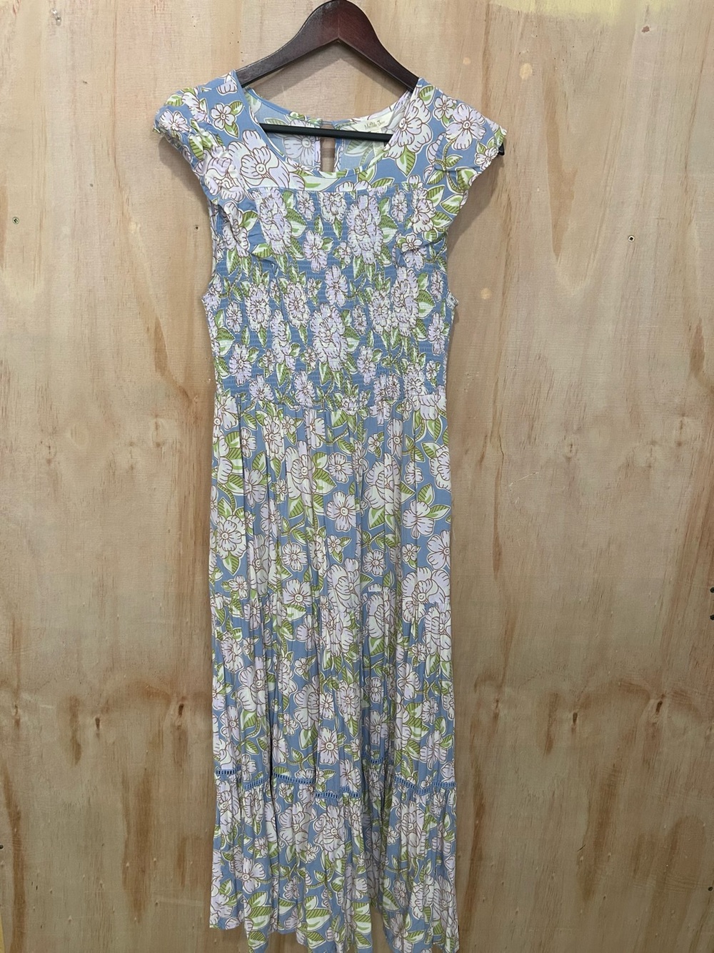 Floral Smocked Maxi Dress in Light Blue and White